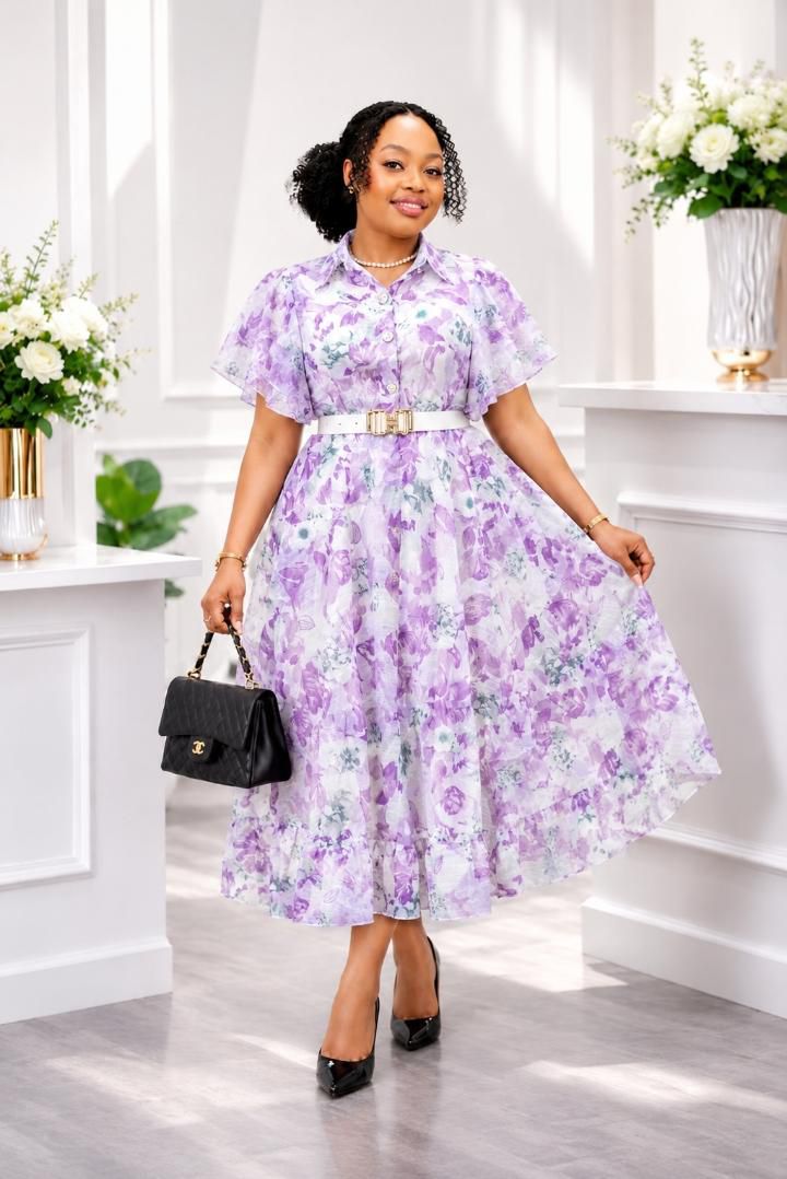 women's purple floral dress Organza Midi with Ruffle Sleeves, Belted Waist an – UMUNDE Melodie Bow Gown With the Lulus Most NA-12.10.25AM COLOR & MATERIALS:Black Leather