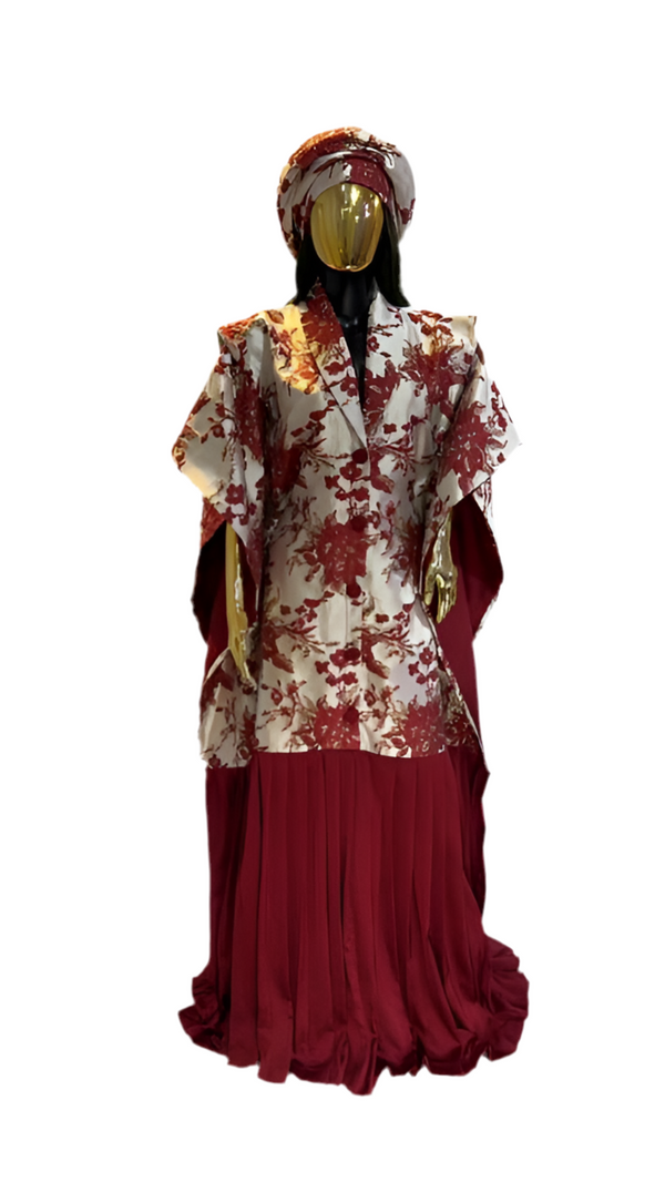 Maroon pleated African Damask Brocade  Bubu Boubou Elegant Event Dress