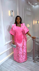 Luxury Pink African Kaftan Dress for Women | Elegant Fringe Maxi Gown | Traditional Wedding & Party Outfit