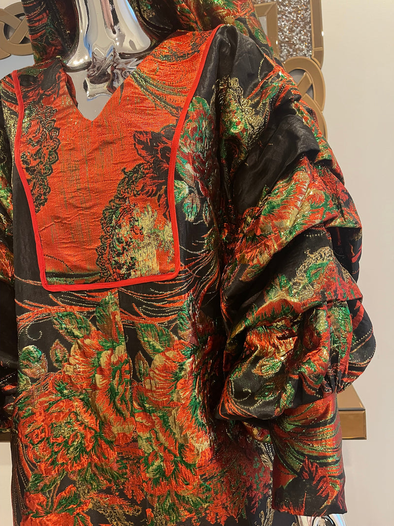 Black and Red Floral and Gold African Pleated Sleeves  Damask Bubu Boubou Elegant Event Dress