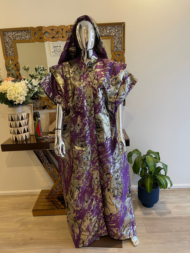 Purple, Silver & Gold African Damask Brocade Bubu Boubou Elegant Event Dress