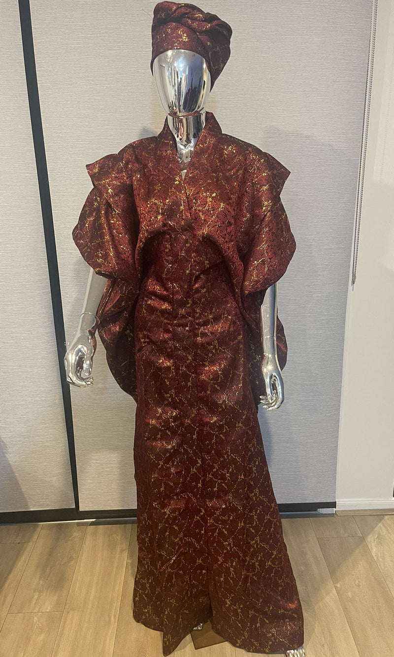 Burgandy and Gold African Damask Brocade  Bubu Boubou Elegant Event Dress