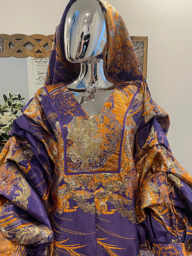 Purple Orange Floral and Gold African Pleated Sleeves Damask Bubu Boubou Elegant Event Dress