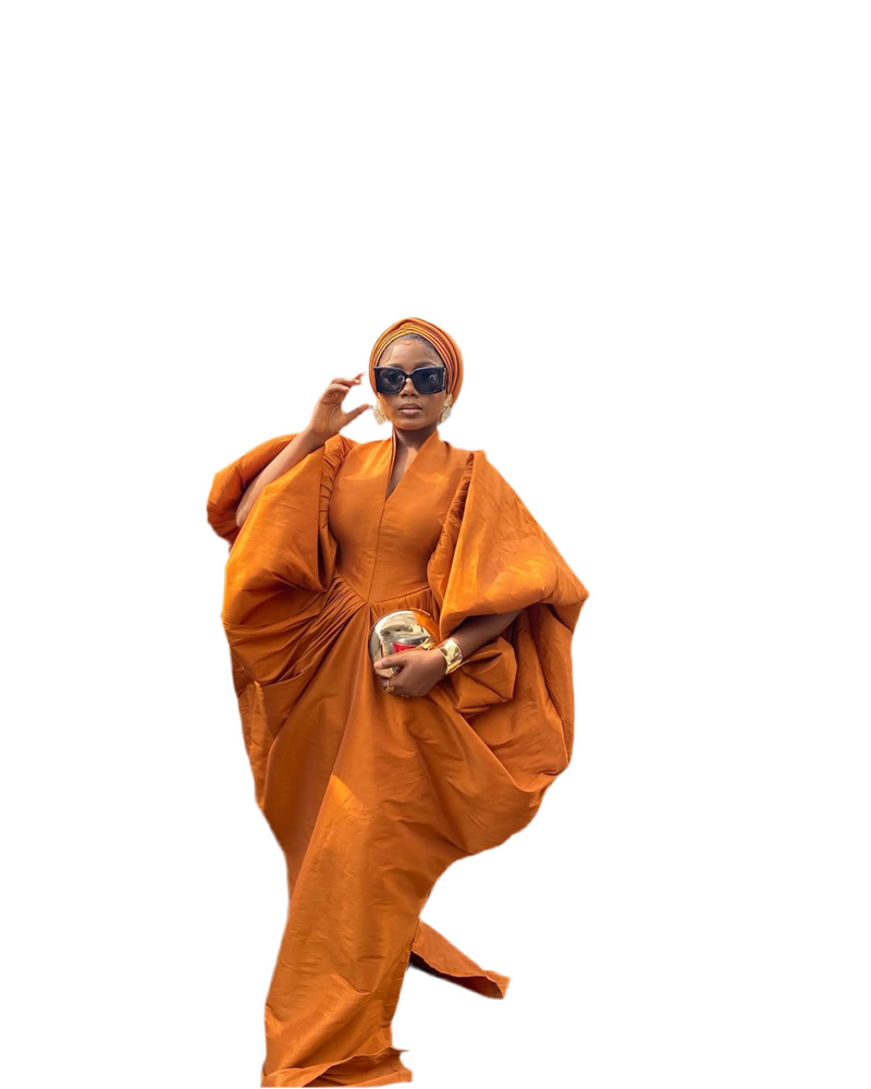 Canadian Copper Raw Silk Fabric with Free Side Pleated Bubu Boubou dress with Turban