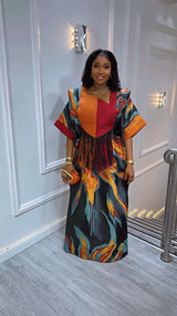 Luxury African Print Kaftan Dress for Women | Fringe Maxi Gown | Elegant Traditional Party Outfit