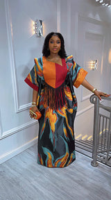 Luxury African Print Kaftan Dress for Women | Fringe Maxi Gown | Elegant Traditional Party Outfit