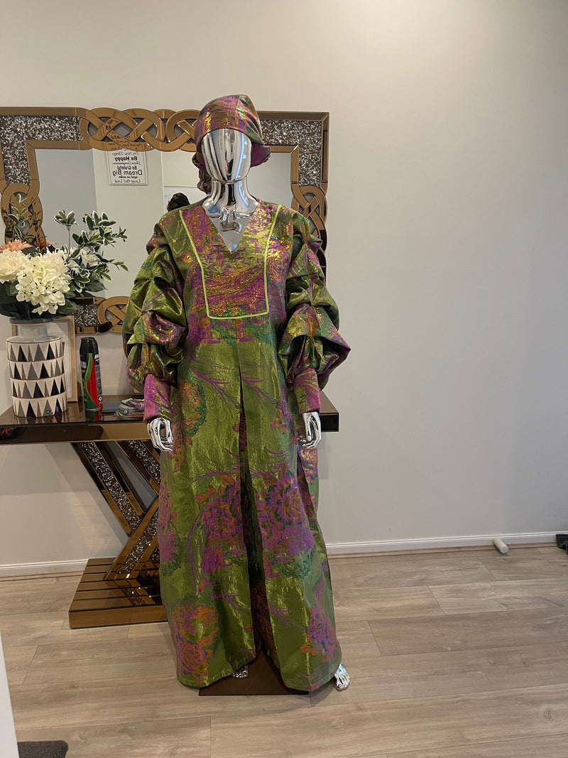 Green and Pink Floral with Gold African Pleated Sleeves  Damask Bubu Boubou Elegant Event Dress