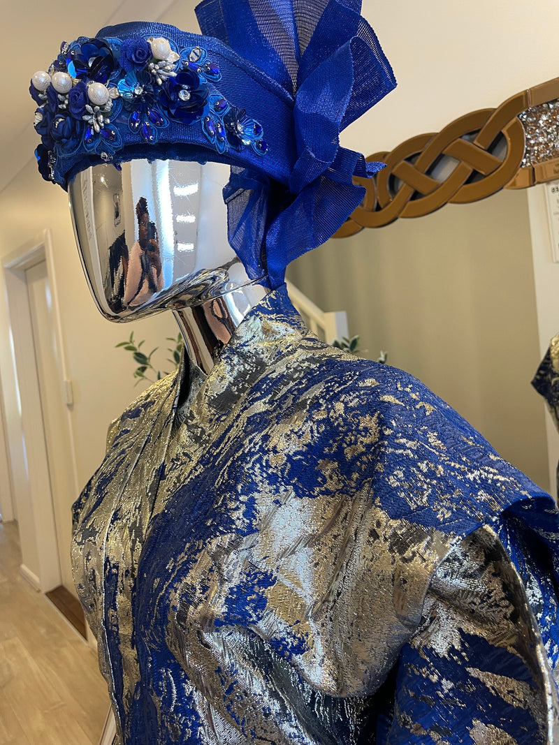 Royal Blue, Silver & Gold African Damask Brocade Bubu Boubou Elegant Event Dress