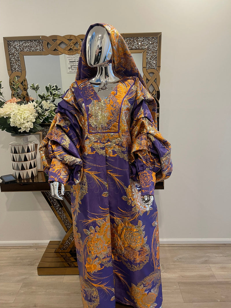 Purple Orange Floral and Gold African Pleated Sleeves Damask Bubu Boubou Elegant Event Dress