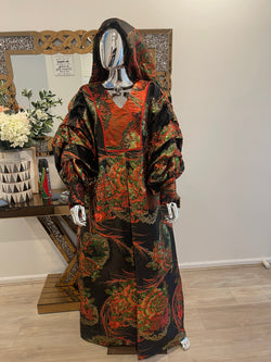 Black and Red Floral and Gold African Pleated Sleeves  Damask Bubu Boubou Elegant Event Dress