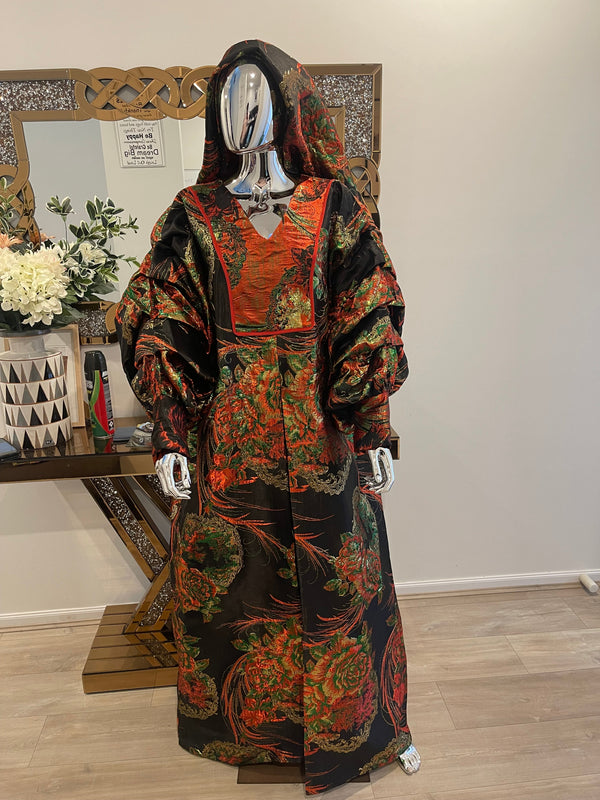 Black and Red Floral and Gold African Pleated Sleeves  Damask Bubu Boubou Elegant Event Dress