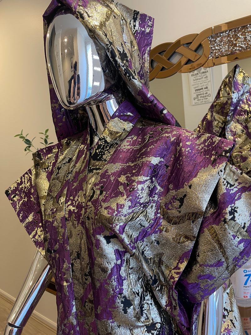 Purple, Silver & Gold African Damask Brocade Bubu Boubou Elegant Event Dress