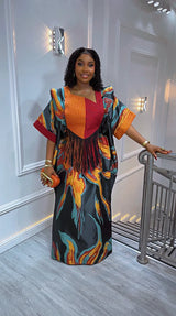 Luxury African Print Kaftan Dress for Women | Fringe Maxi Gown | Elegant Traditional Party Outfit