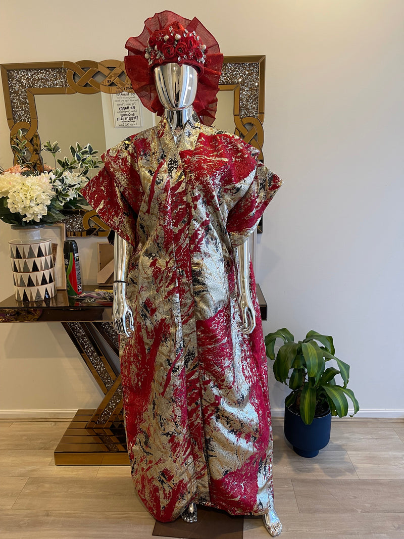Red, Silver & Gold African Damask Brocade Bubu Boubou Elegant Event Dress