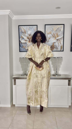 White and Gold Stripes African Damask Bubu Boubou Elegant Event Dress