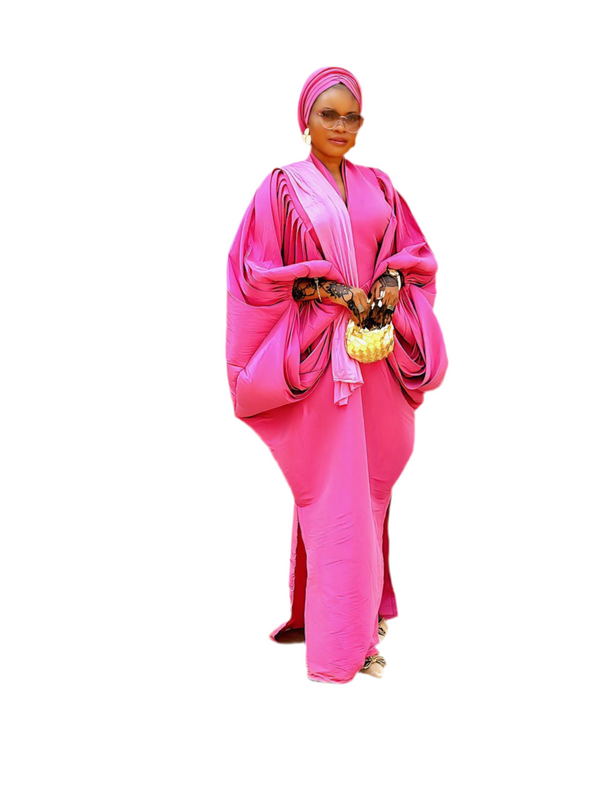 Pink Raw Silk Fabric with Free Side Pleated Bubu Boubou dress with Turban