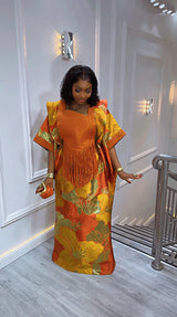 Luxury Orange African Kaftan Dress for Women | Elegant Fringe Maxi Gown | Traditional Party & Wedding Outfit