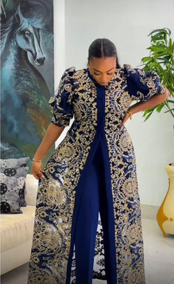 Navy Blue 2 Piece Long Top Jacket & Pair of Trousers Elegant Event Wear