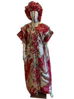 Red, Silver & Gold African Damask Brocade Bubu Boubou Elegant Event Dress