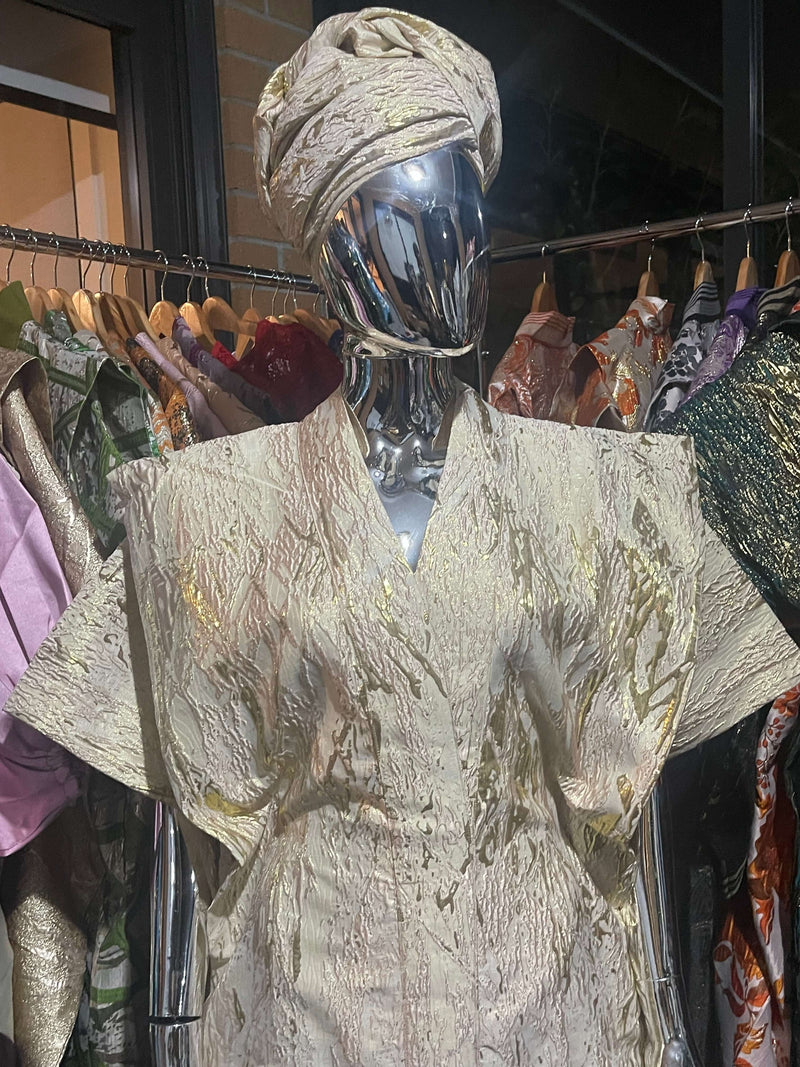 White and Gold Stripes African Damask Bubu Boubou Elegant Event Dress