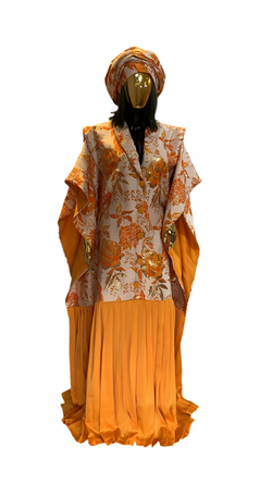 Orange Gloral Floral  Mix African Damask Brocade Bubu Boubou Elegant Event Pleated Dress