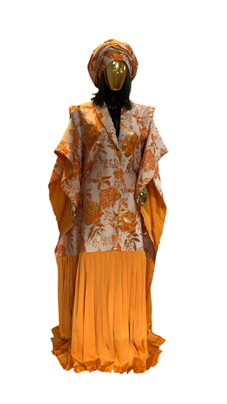 Orange Gloral Floral  Mix African Damask Brocade Bubu Boubou Elegant Event Pleated Dress