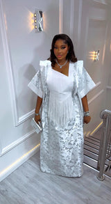 Luxury White African Kaftan Dress for Women | Elegant Fringe Maxi Gown | Wedding & Party Traditional Outfit