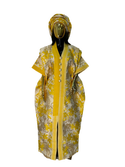 Yellow Floral & Gold Mix African Damask Bubu Boubou Elegant Event Dress
