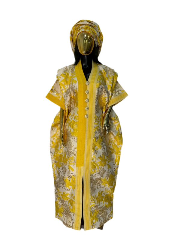 Yellow Floral & Gold Mix African Damask Bubu Boubou Elegant Event Dress