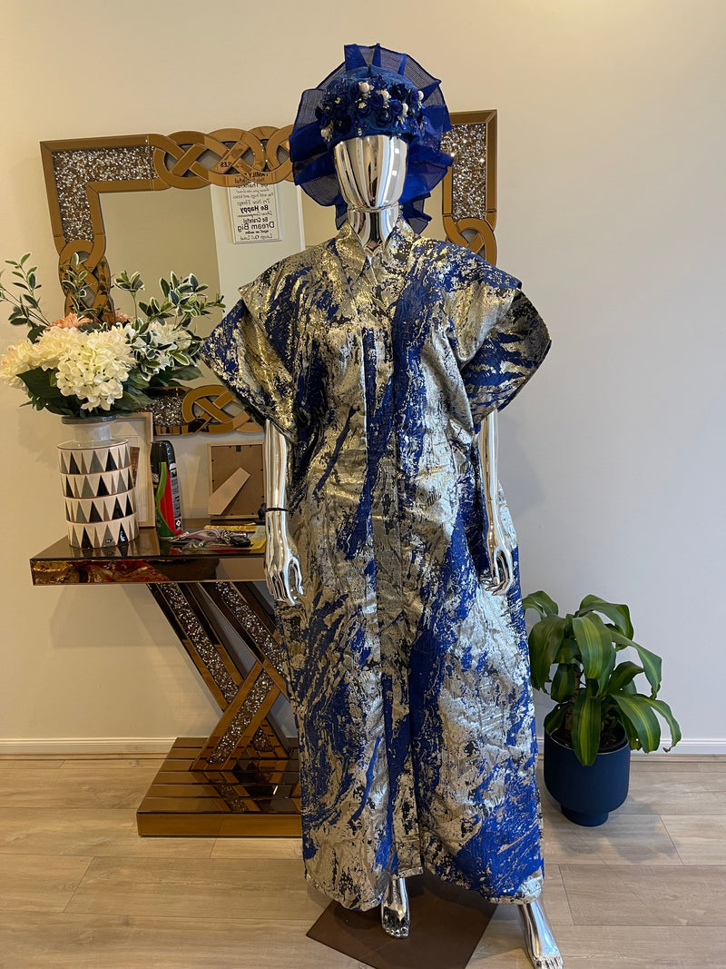 Royal Blue, Silver & Gold African Damask Brocade Bubu Boubou Elegant Event Dress