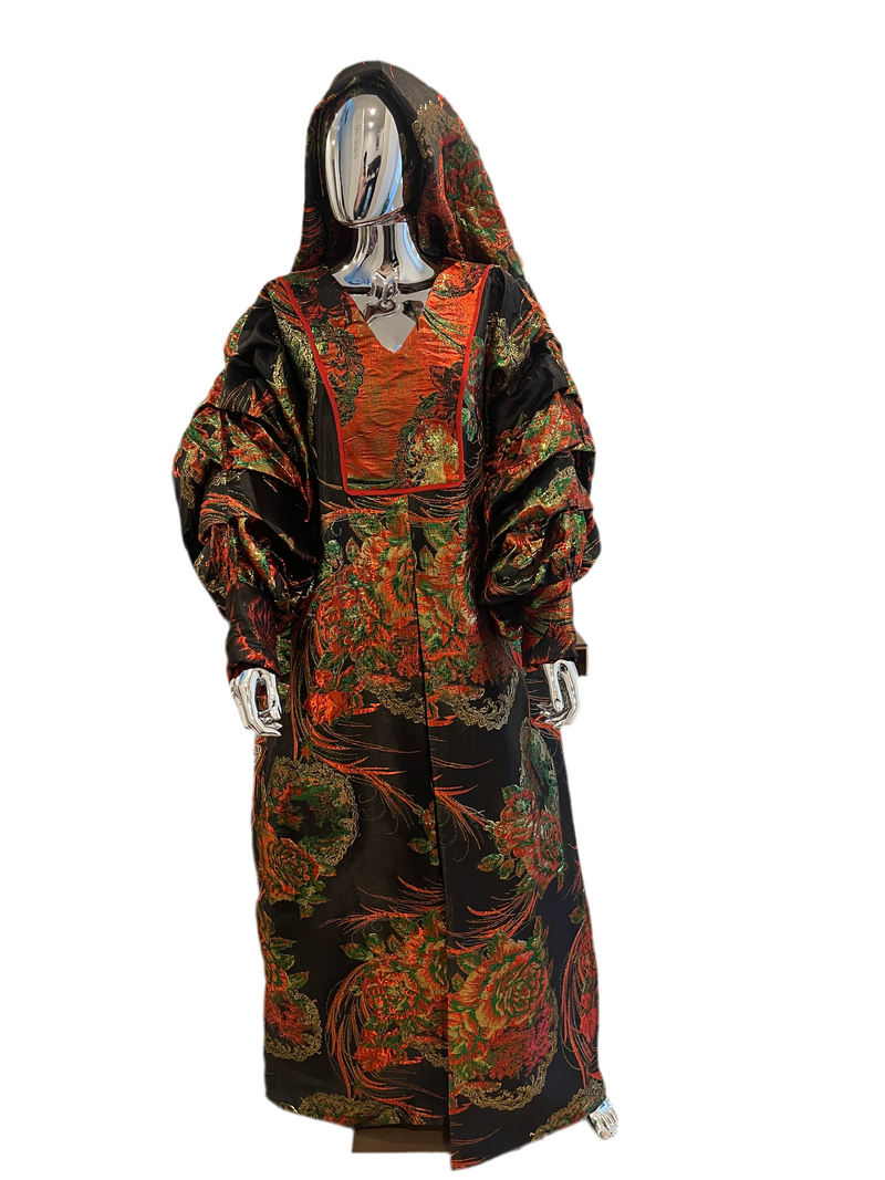 Black and Red Floral and Gold African Pleated Sleeves  Damask Bubu Boubou Elegant Event Dress