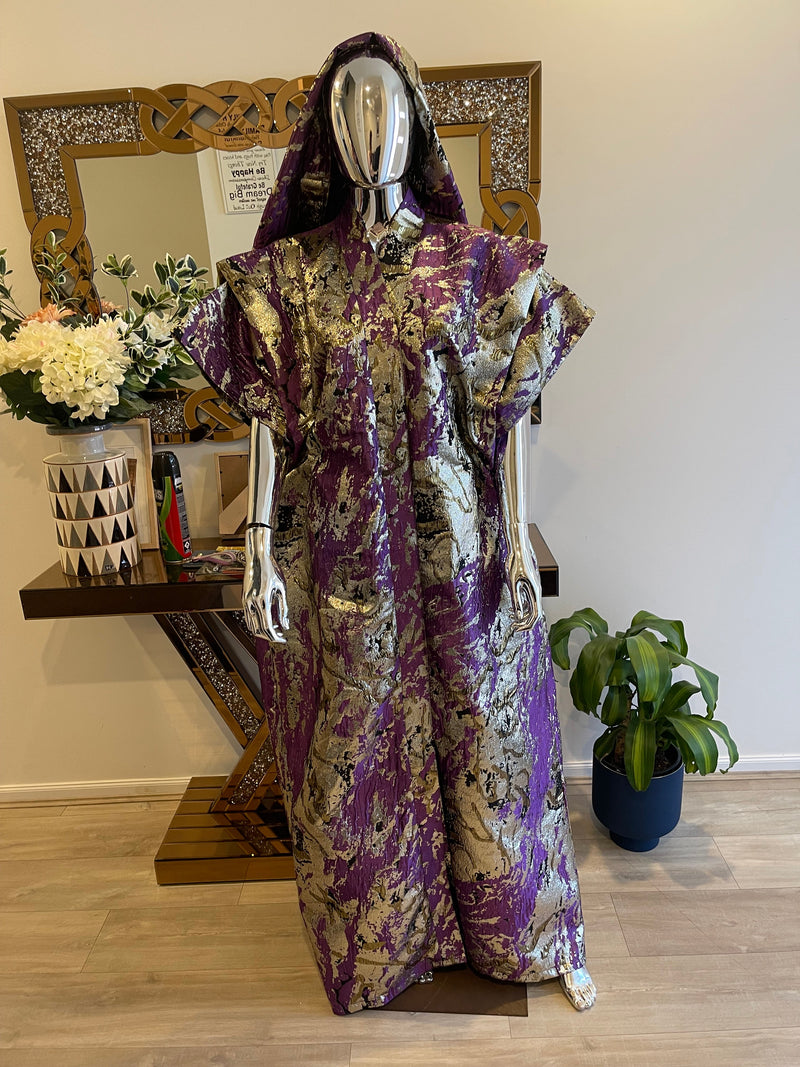 Purple, Silver & Gold African Damask Brocade Bubu Boubou Elegant Event Dress