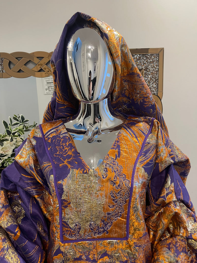 Purple Orange Floral and Gold African Pleated Sleeves Damask Bubu Boubou Elegant Event Dress