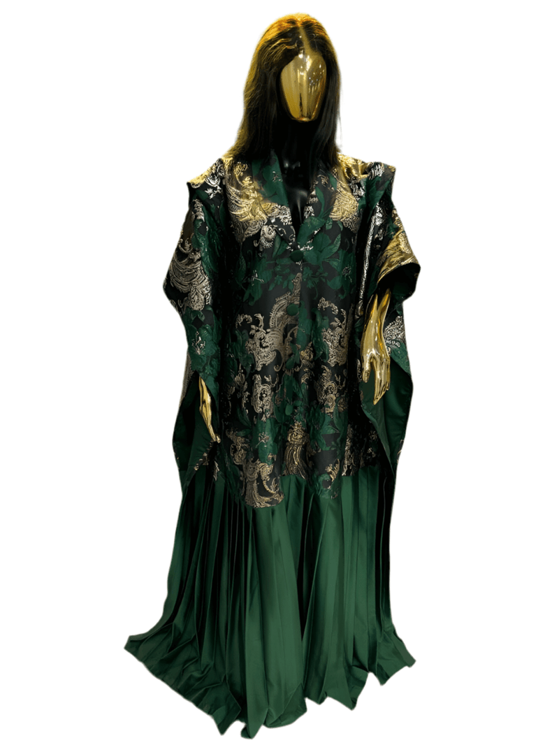 Green Floral & Gold Pleated African Damask Brocade Bubu Boubou Elegant Event Dress