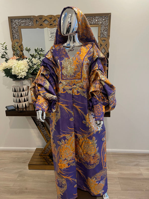 Purple Orange Floral and Gold African Pleated Sleeves Damask Bubu Boubou Elegant Event Dress