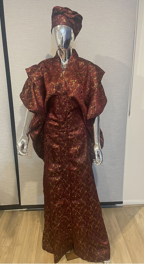 Burgandy and Gold African Damask Brocade  Bubu Boubou Elegant Event Dress