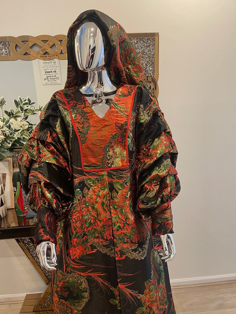 Black and Red Floral and Gold African Pleated Sleeves  Damask Bubu Boubou Elegant Event Dress