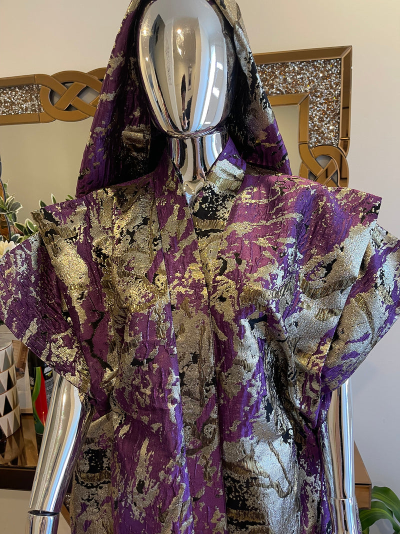 Purple, Silver & Gold African Damask Brocade Bubu Boubou Elegant Event Dress
