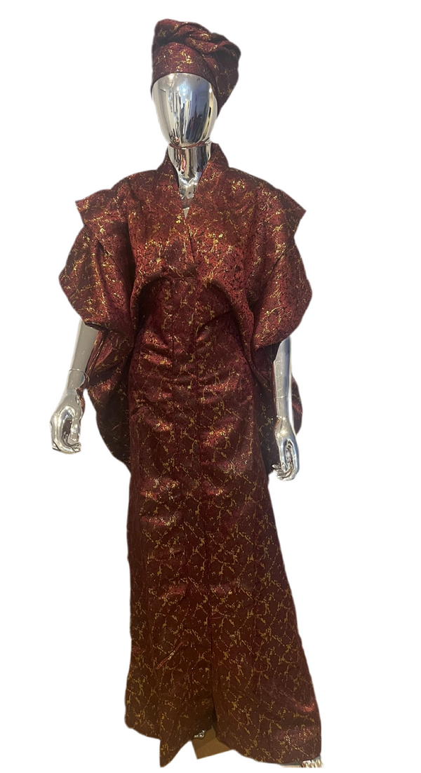 Burgandy and Gold African Damask Brocade  Bubu Boubou Elegant Event Dress