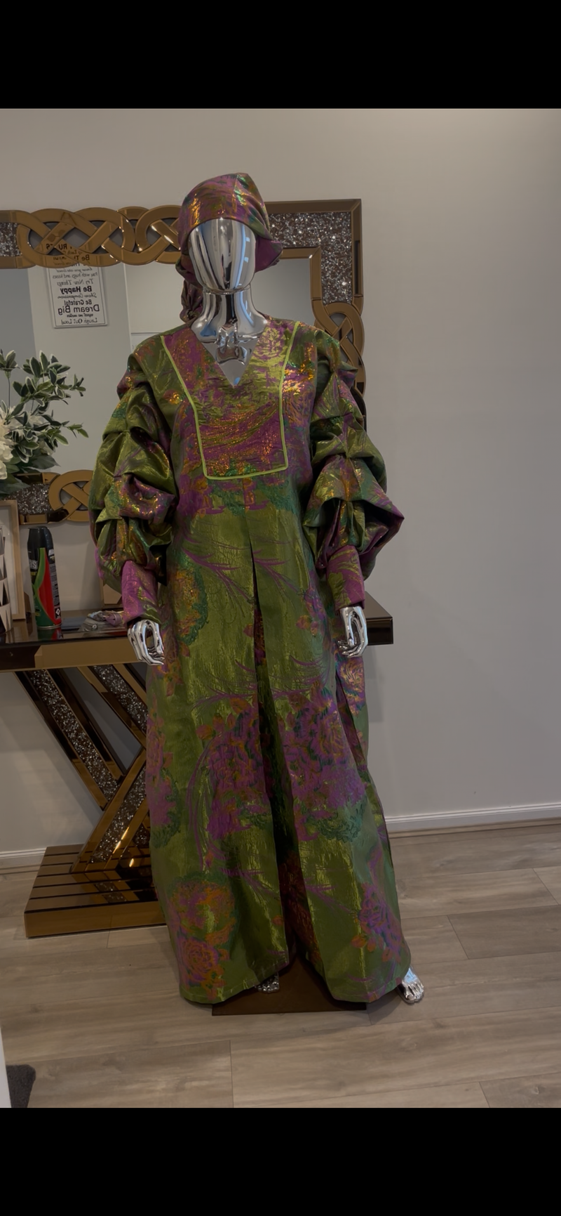 Green and Pink Floral with Gold African Pleated Sleeves  Damask Bubu Boubou Elegant Event Dress