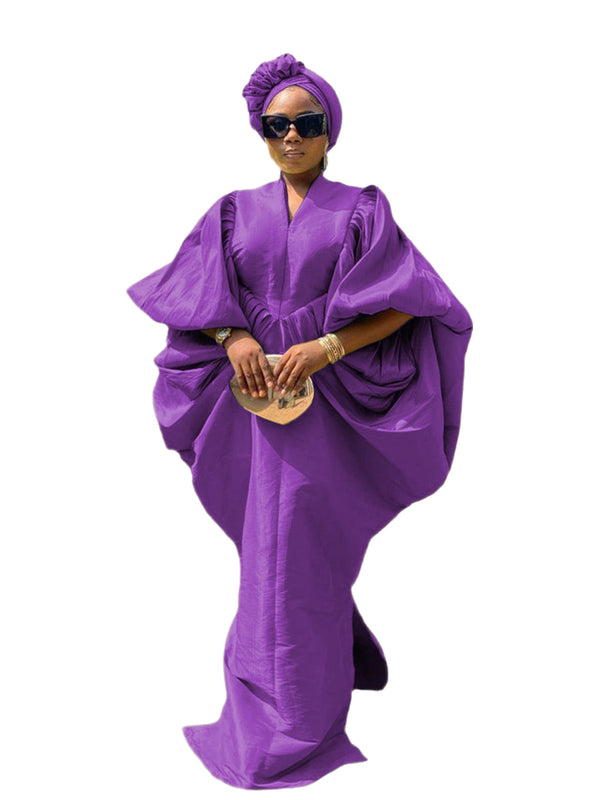 Purple Raw Silk Fabric with Free Side Pleated Bubu Boubou dress with Turban