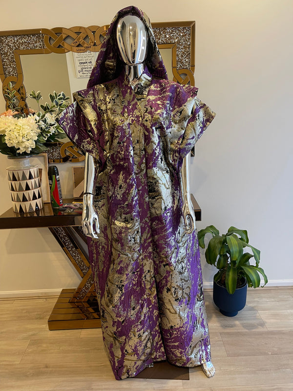 Purple, Silver & Gold African Damask Brocade Bubu Boubou Elegant Event Dress
