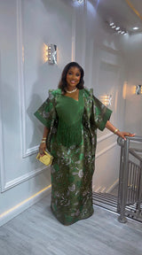 Luxury Green African Kaftan Dress for Women | Elegant Fringe Maxi Gown | Traditional Party & Wedding Outfit