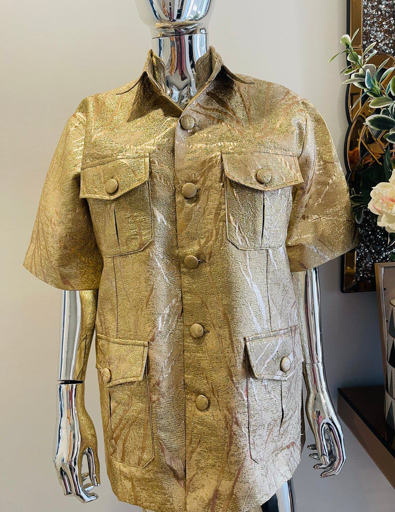 Umunde Gold African Damask Kaunda Safari Men’s Shirt