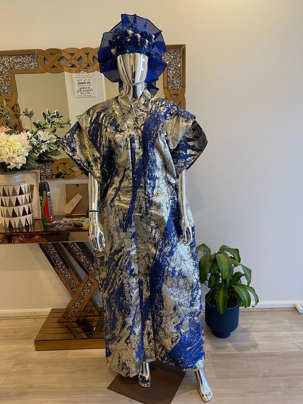Royal Blue, Silver & Gold African Damask Brocade Bubu Boubou Elegant Event Dress