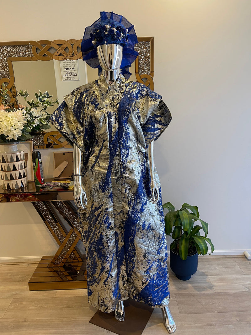 Royal Blue, Silver & Gold African Damask Brocade Bubu Boubou Elegant Event Dress