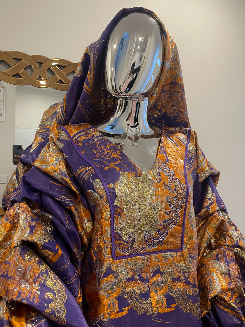 Purple Orange Floral and Gold African Pleated Sleeves Damask Bubu Boubou Elegant Event Dress