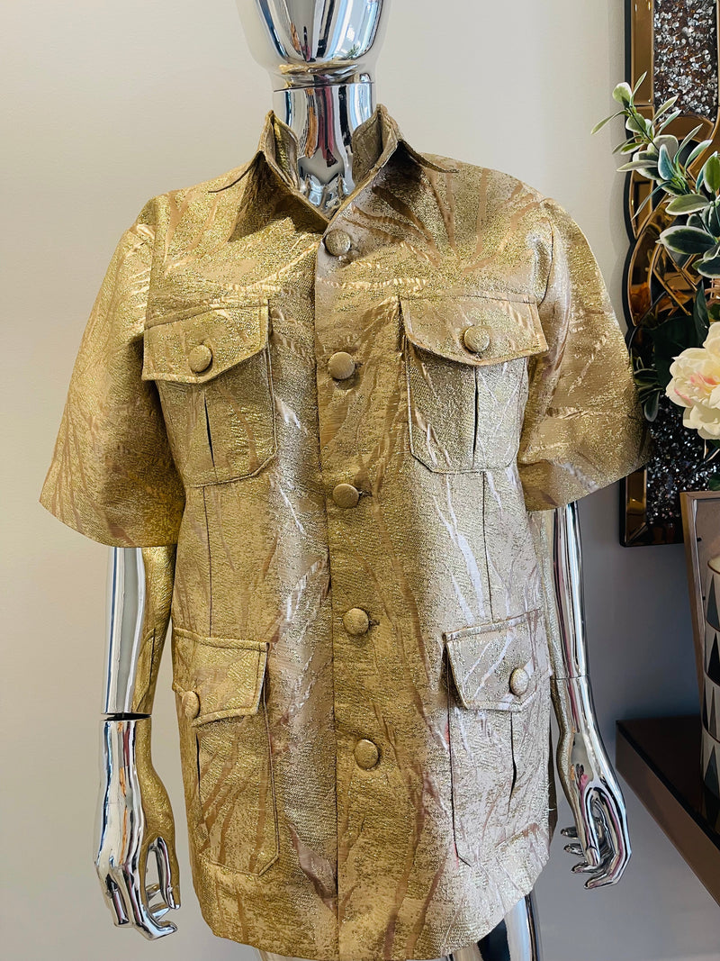 Umunde Gold African Damask Kaunda Safari Men’s Shirt