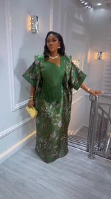 Luxury Green African Kaftan Dress for Women | Elegant Fringe Maxi Gown | Traditional Party & Wedding Outfit