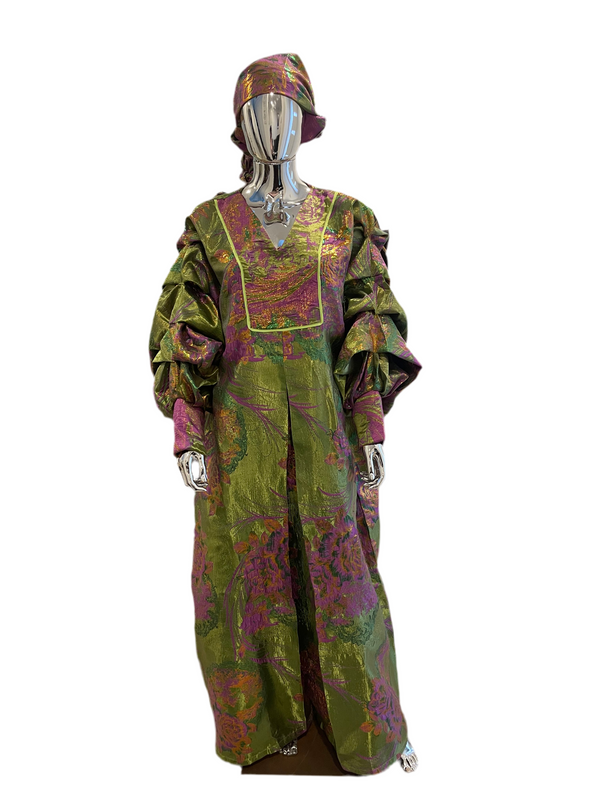 Green and Pink Floral with Gold African Pleated Sleeves  Damask Bubu Boubou Elegant Event Dress